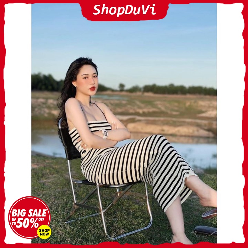 Đầm Body Thun Gân 2 Dây Sọc Ngang Kiểu Midi Mặc Tôn Dáng Thoải Mái