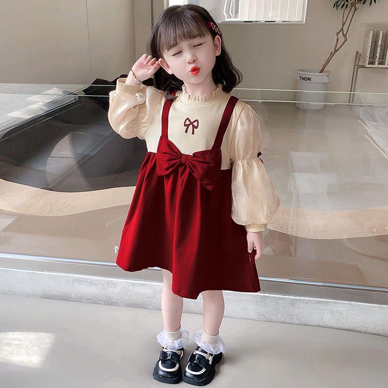 Đầm Công Chúa Giả Hai Lớp Phối Ren Thắt Nơ Xinh Xắn Cho Bé Gái