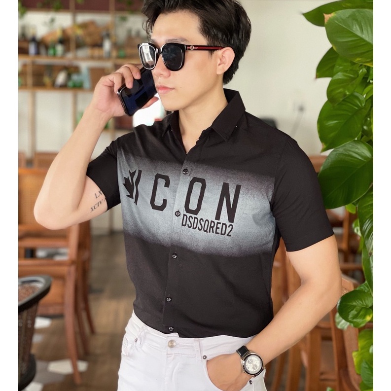 Áo sơ mi nam ngắn tay vải đũi co giãn in chữ 3D sang trọng, năng động, thấm hút mồ hôi VBSHOP016