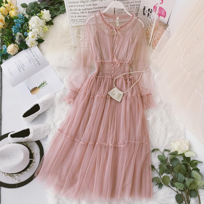 M21 - Đầm công chúa Ulzzang tay bồng dáng dài phối lưới bo eo xinh xắn (5 màu)