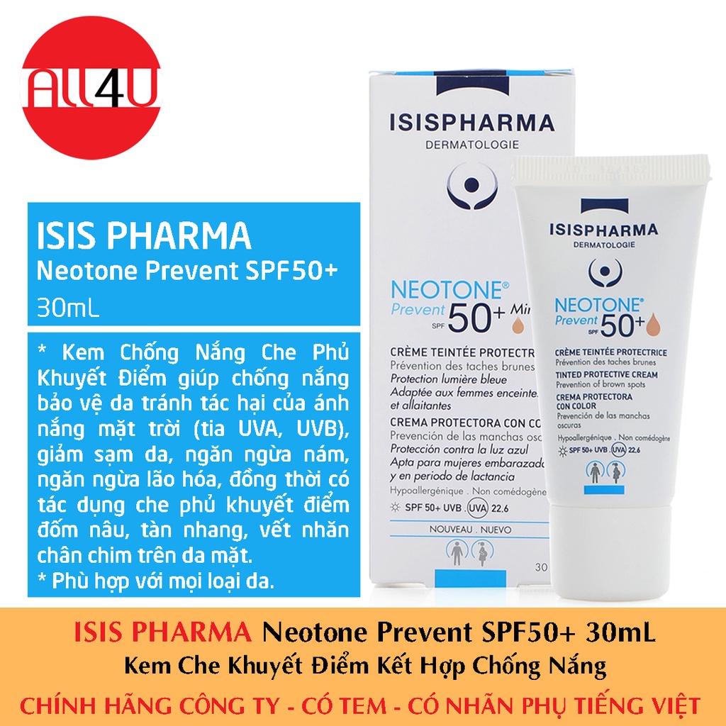 [CHÍNH HÃNG CÓ TEM] ISIS PHARMA Neotone Prevent SPF50+ 30mL - Kem che khuyết điểm, kết hợp chống nắng