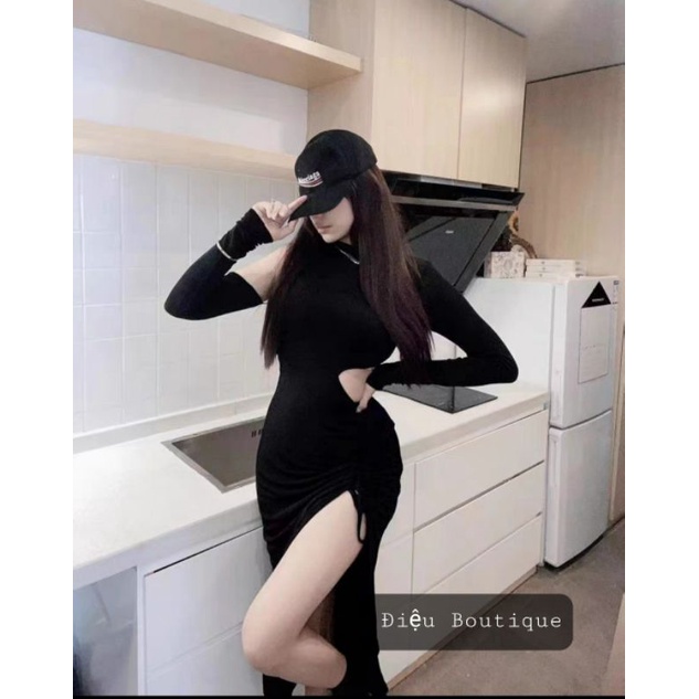 Đầm Body Xẻ Tà, Váy Body Dài Tay Khoét Eo Dáng Dài Hở 1 Vai Rút Dây Thời Trang Nữ Phong Cách Hiện Đại Chất Ngầu - ĐIỆU