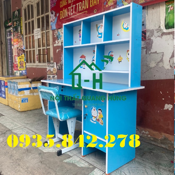 Bàn học sinh ván ép liền kệ xanh dương  - tặng kèm hình dán - hcm