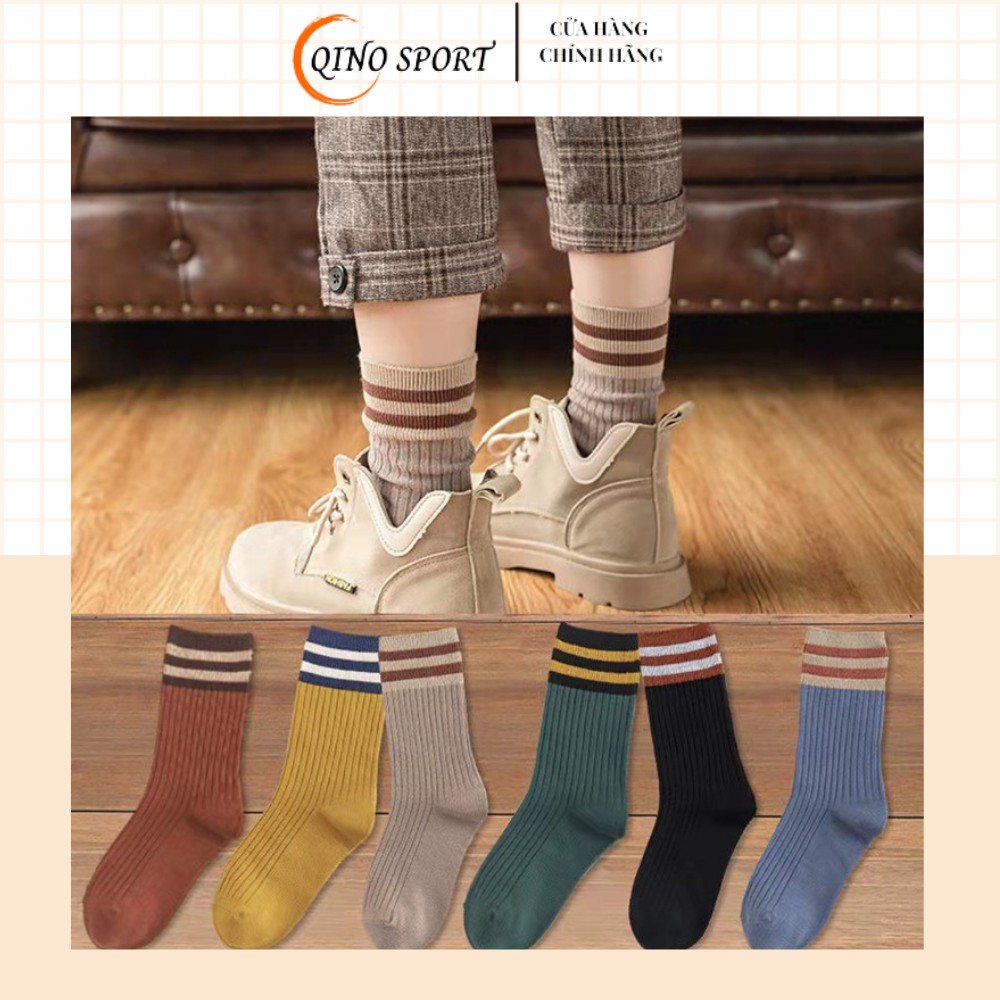Tất unisex , tất ống cao sọc nam nữ QINO phong cách Nhật Bản hoang dã chất liệu sợi dệt co dãn thấm hút mồ hôi tốt 8 màu