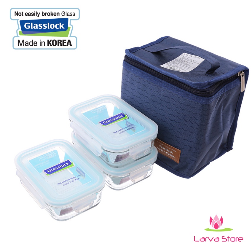 Bộ hộp cơm thủy tinh Glasslock 400ml *3  kèm túi giữ nhiệt Hàn Quốc - Larva Store