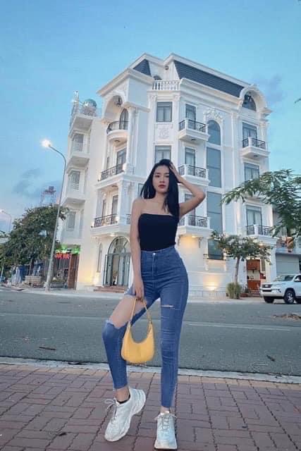 Quần bò cạp cao xanh rách gối to, Quần Jean Trơn Nữ Rách Gối Cá Tính