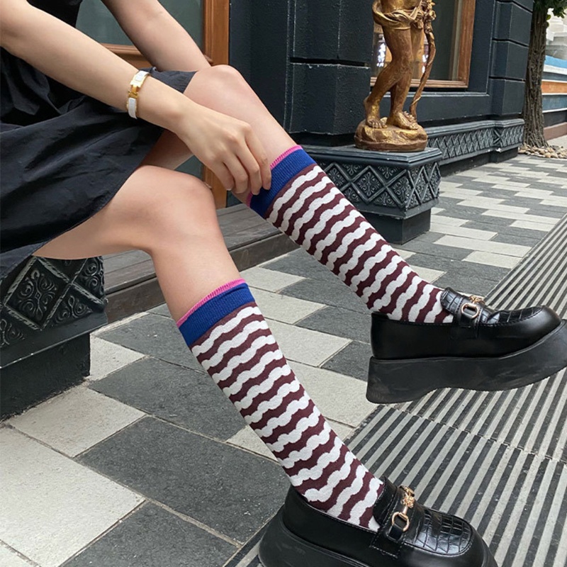 Youyo Vớ Cao Đến Đầu Gối Harajuku Nhiều Màu Sắc Họa Tiết Hình Học Kẻ Sọc Trừu Tượng Phong Cách Pháp Cổ Điển Cho Nữ