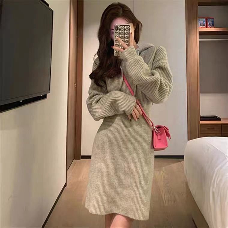 Đầm Dệt Kim Tay Dài Màu Xám Ôm Eo Thời Trang Thu Đông Dành Cho Nữ
