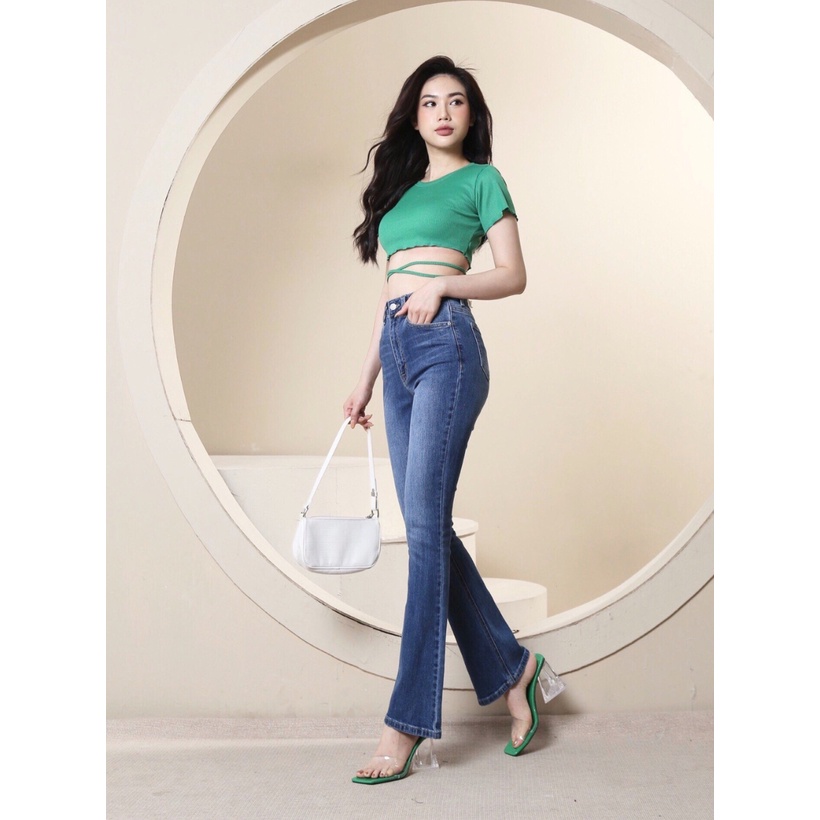 Quần Jean Nữ Ống Loe Lưng Cao Co Giãn Trơn Dài Quá Gót Gấu Thường HQJeans HQ53