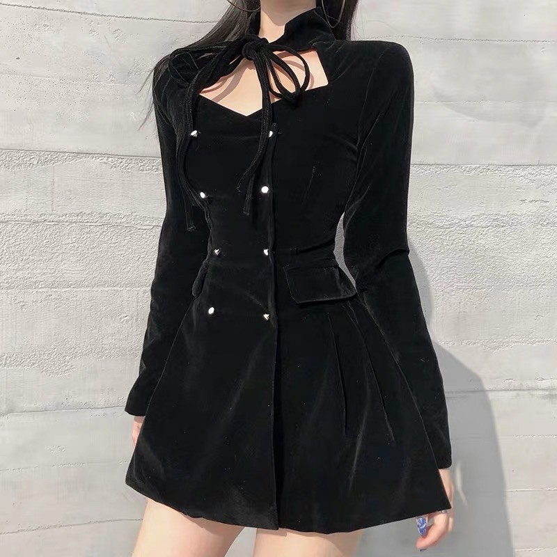 ĐẦM NHUNG CỔ THẮT DÂY HAI HÀNG NÚT TÙNG XẾP SANG CHẢNH