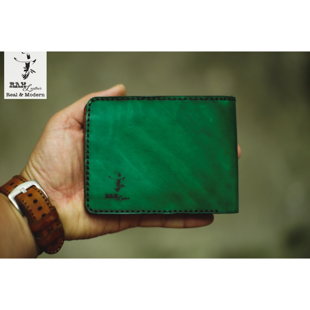 Ví nam nữ RAM Leather trống đồng Việt Nam xanh ngọc (trống vàng) da bò Italia Vegtan handmade cao cấp dáng ngang