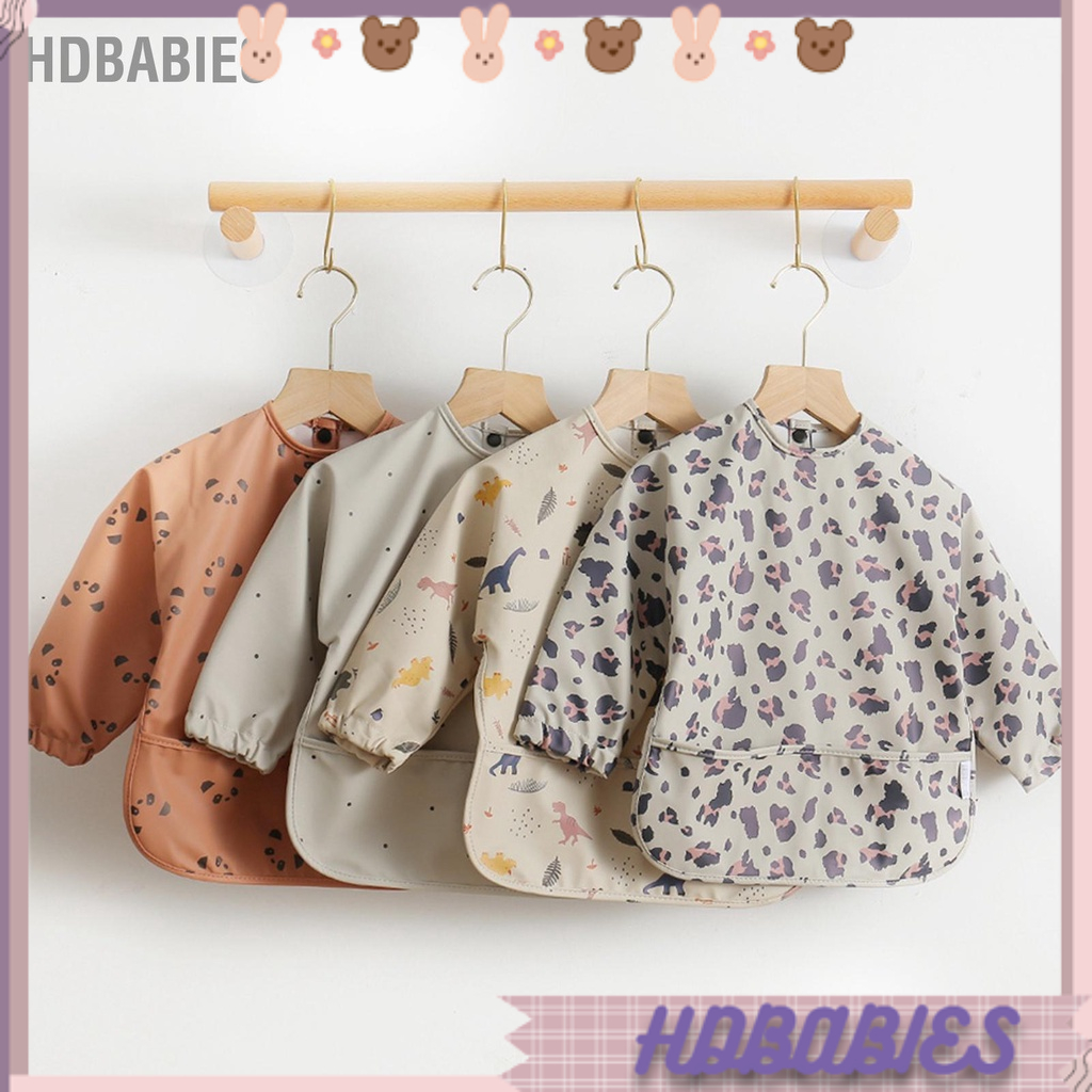 HDbabies Trẻ em ăn tạp dề không thấm nước với túi có tay Smock mềm thể giặt được Yếm uống đầy màu sắc Trang phục