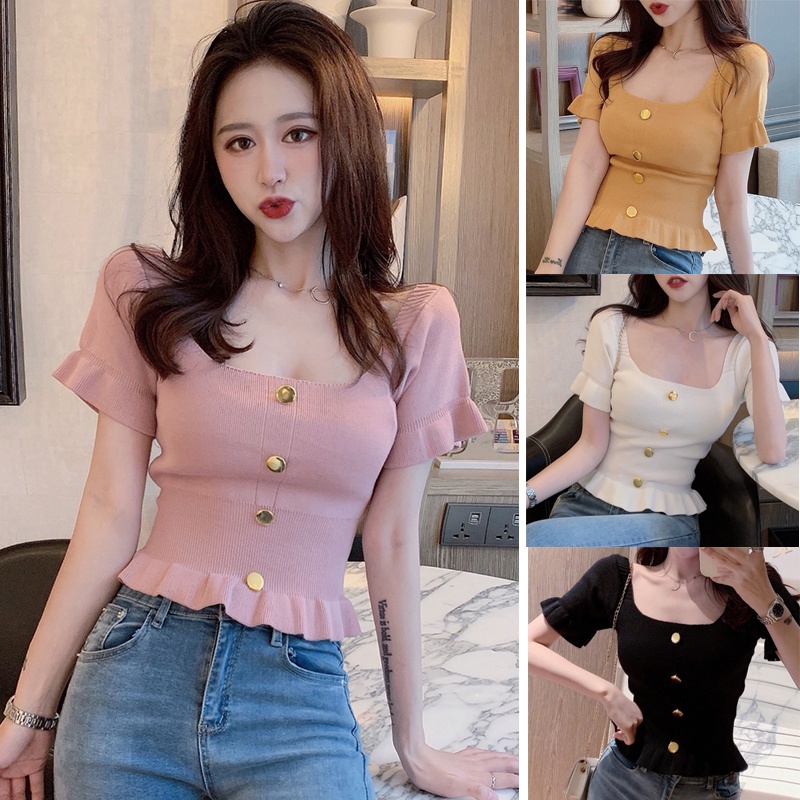Áo Croptop Dệt Kim Cổ Vuông Tay Ngắn Có 4 Màu Thời Trang Cho Nữ