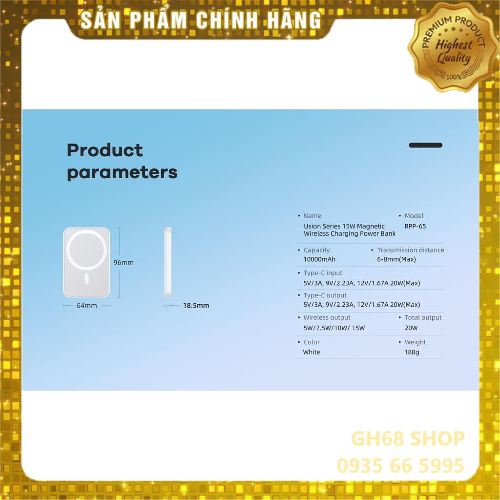 Sạc Dự Phòng Remax Magnetic Sạc Nhanh 20w Remax RPP-65 10000mah - Chính hãng REMAX