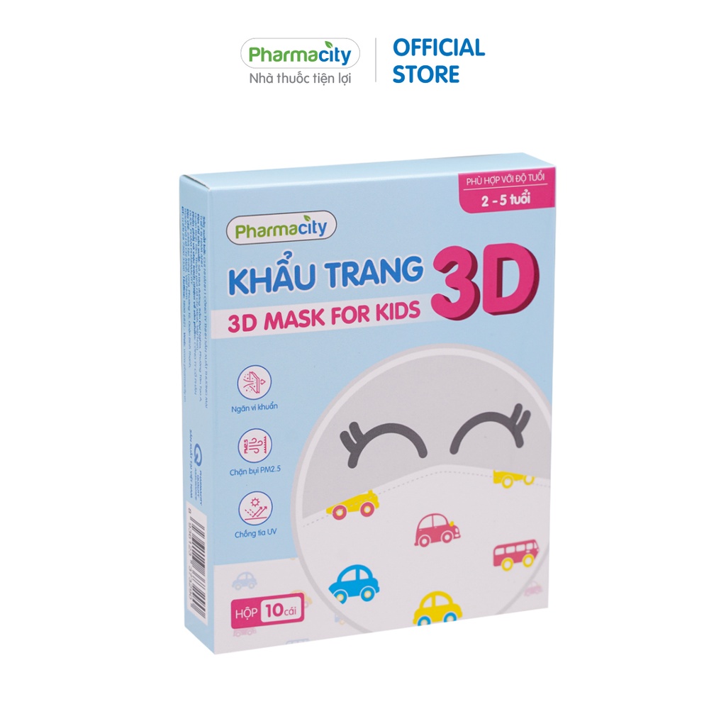 Khẩu trang Pharmacity 3 lớp cho trẻ 2-5 tuổi 3D Mask For Kids (Hộp 10 cái)