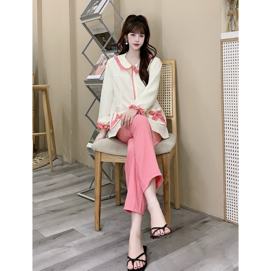 Bộ Pijama Bầu Đũi Lụa Có Cổ, Bộ Bầu Và Sau Sinh 2 Chức Năng Kết Hợp Cho Con Bú Dài Tay M603 Mom and Baby