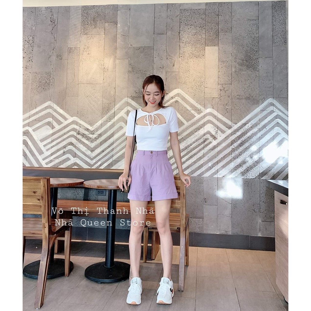 SET QUẦN SOOC ĐÙI KAKI TÍM MIX ÁO KIỂU BUỘC NƠ CỔ XẺ NGỰC BODY TRẮNG