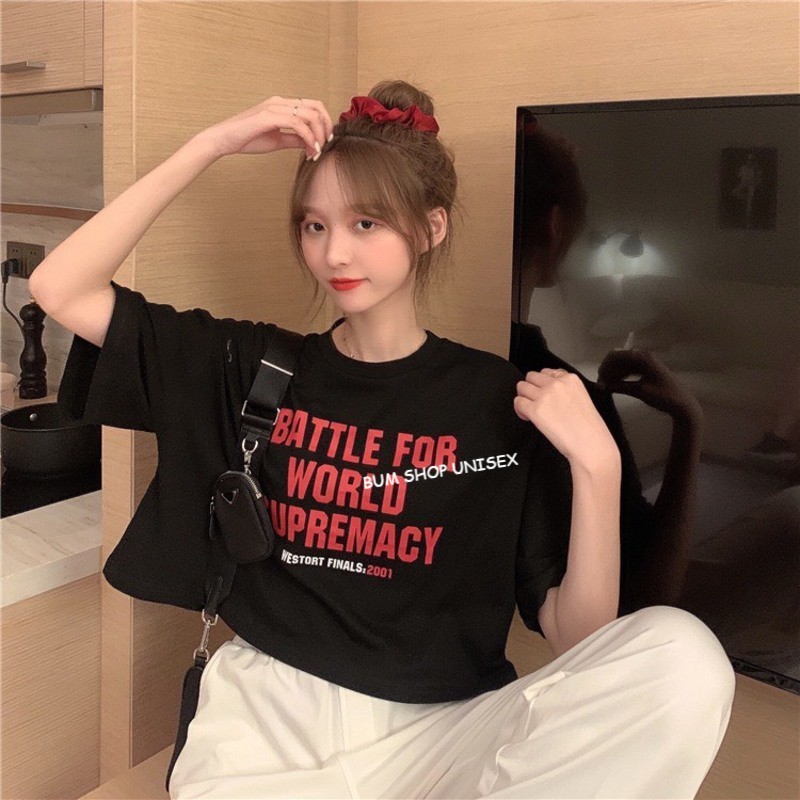 Áo thun nữ Unisex form rộng tay lỡ - TTL683 - CROPTOP BATTLE FOR WORLD - free size dưới 75kg