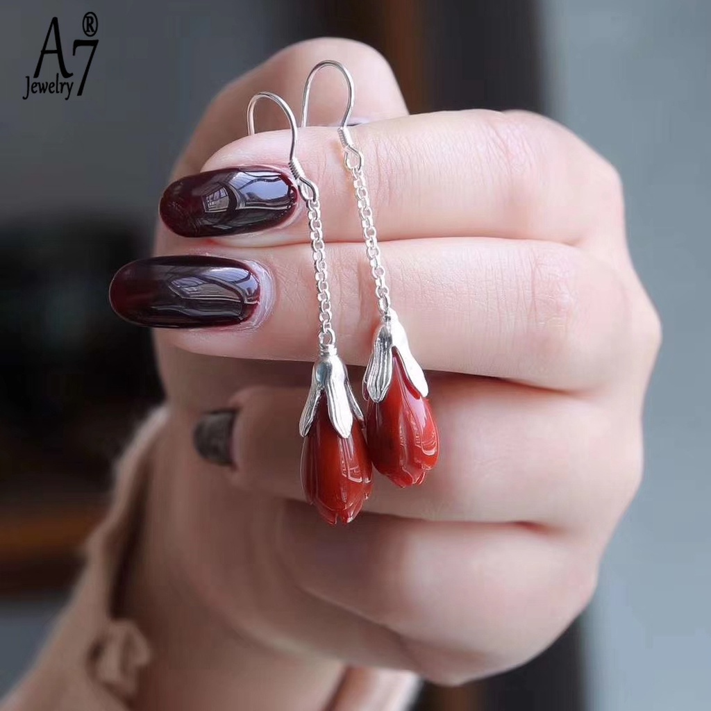 Bông Tai Mạ Bạc 925 Hình Hoa Mộc Lan Đính Đá Ngọc Bích Giả Xinh Xắn Cho Nữ