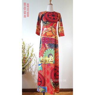 Áo Dài Cách tân họa tiết Thổ cẩm, biểu tượng Trống đồng, tà áo chuẩn Form dáng, chất liệu Lụa mát, mềm, mịn - ĐỦ SIZE