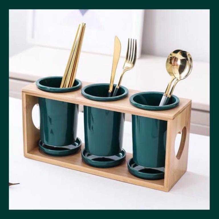 Ống Đựng Đũa, Bộ 3 Ống Đũa Sứ Kèm Giá Gỗ - Decor Đức Minh