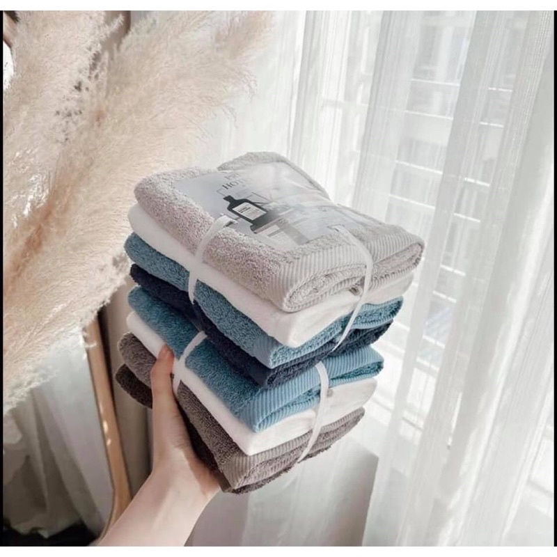 Khăn Tắm Hàn Quốc Set 4 Cái Hàng Xuất Khẩu Chất Liệu Cotton Dệt Bông Cao Cấp