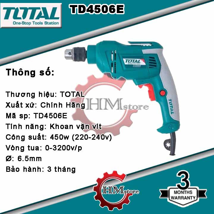 [Chính hãng] Máy khoan vặn vít Total TD4506E - Khoan cầm tay 6.5mm công suất 450w bảo hành 6 tháng