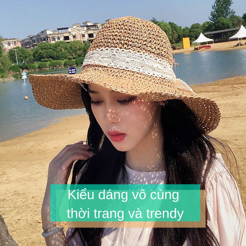 Mũ cói mềm rộng vành thắt nơ ren Vintage