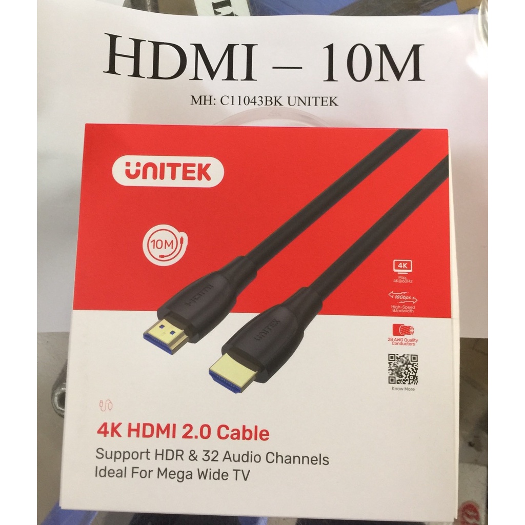Cáp HDMI 10m Unitek C11043BK chuẩn 2.0v FullHD hỗ trợ 4K*2K - Hãng phân phối