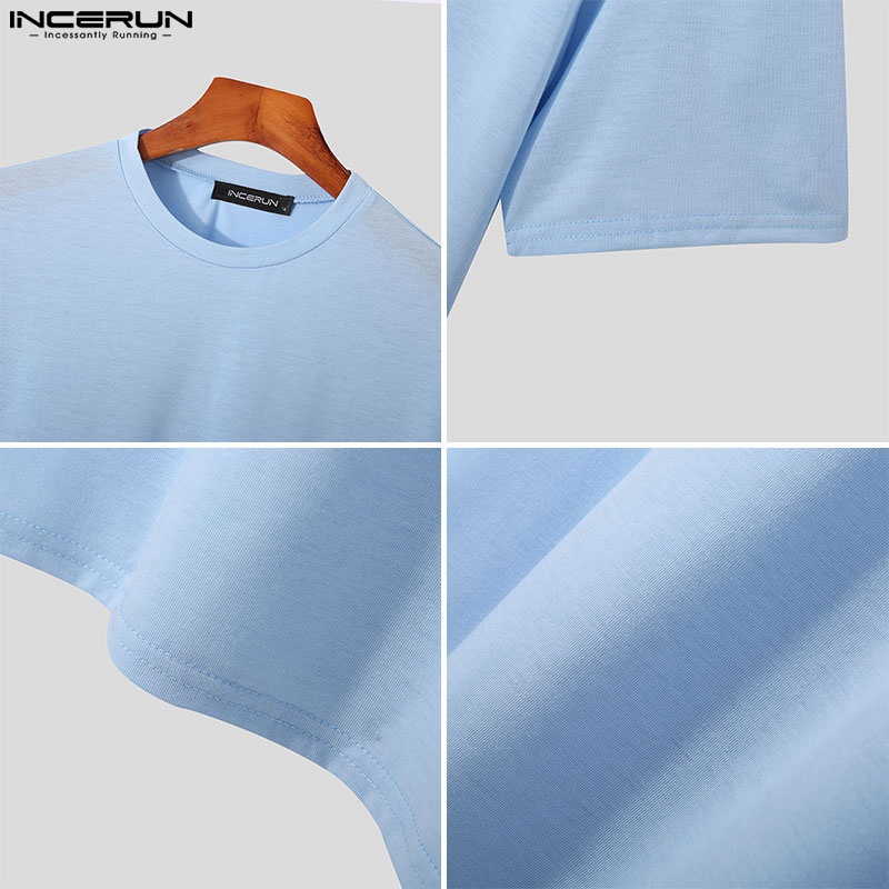 Áo thun cotton INCERUN ngắn tay màu trơn cổ thuyền đơn giản cho nam