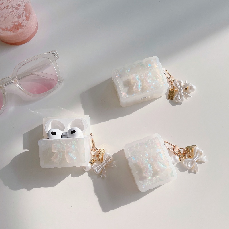 Vỏ Bảo Vệ Hộp Sạc Tai Nghe AirPods 1 2 3 Pro Đính Nơ Và Ngọc Trai Sang Trọng Thời Trang