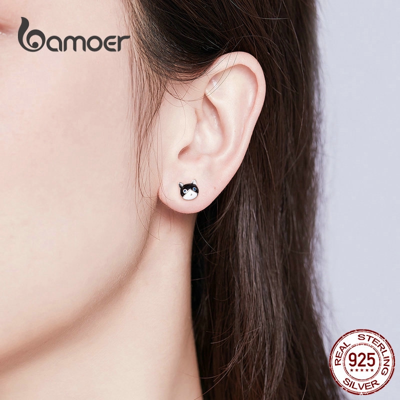 BAMOER Bông Tai BạC Hình Mèo Và Cá Đáng Yêu