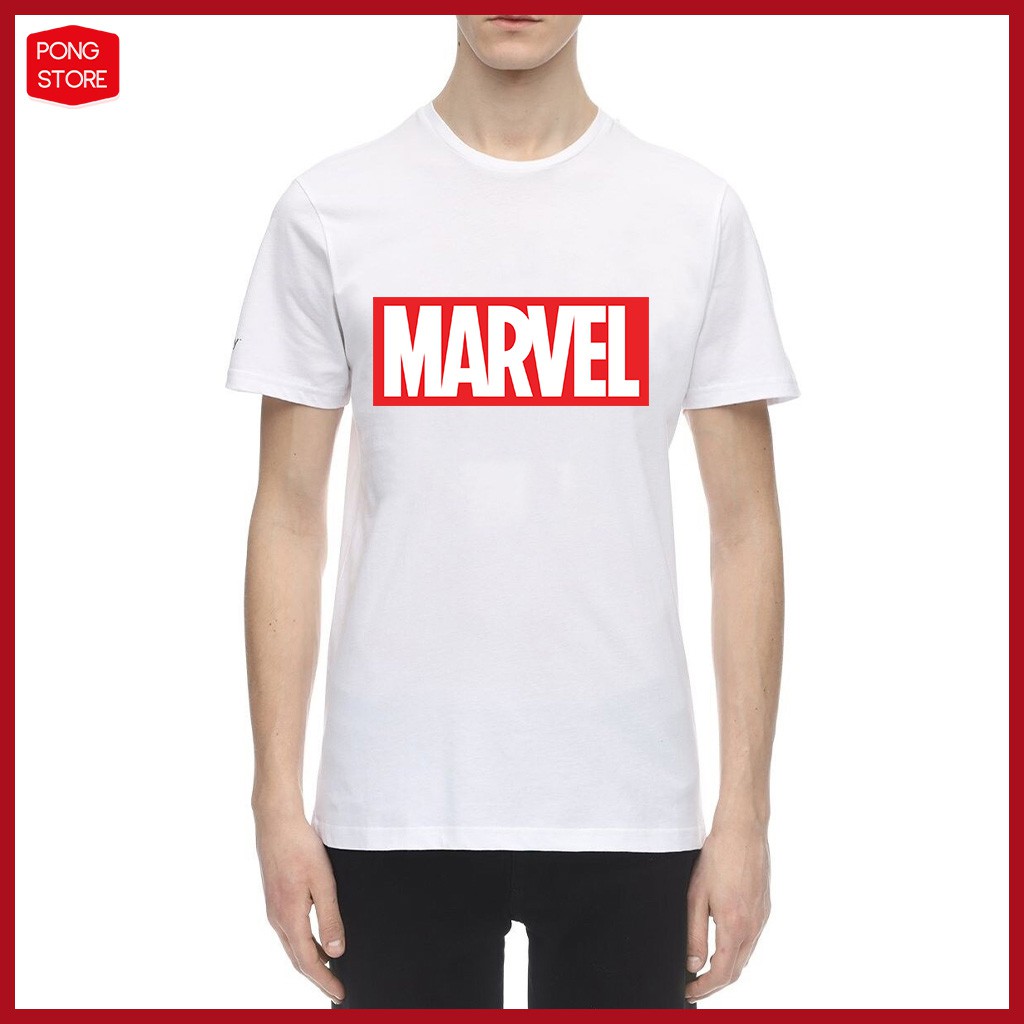 Áo thun nam cổ tròn in MarveI Logo, áo thun unisex form rộng màu trắng chất thun mềm mịn Pongshop