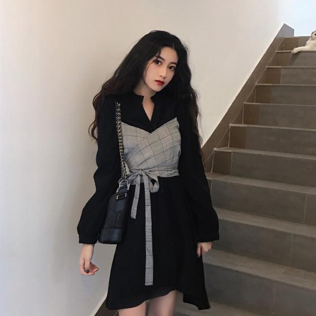 Đầm Tay Dài Giả Hai Mảnh Thắt Dây Eo Họa Tiết Kẻ Ô Vuông Thời Trang 2022 Mới Dành Cho Bạn Nữ