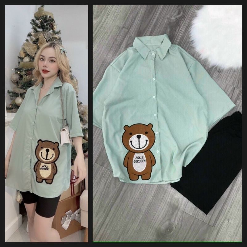 Áo sơ mi nữ form dài rộng thêu hình gấu nổi mặt trước,mặt sau chất kate thoáng mát nhiều màu thời trang hàn