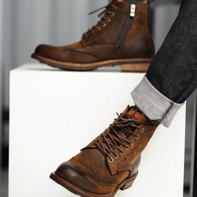 Giày boot nam da sáp cao cổ màu nâu WINGTIP RW ZIP, giày da thật cổ điển khoá kéo TONKIN