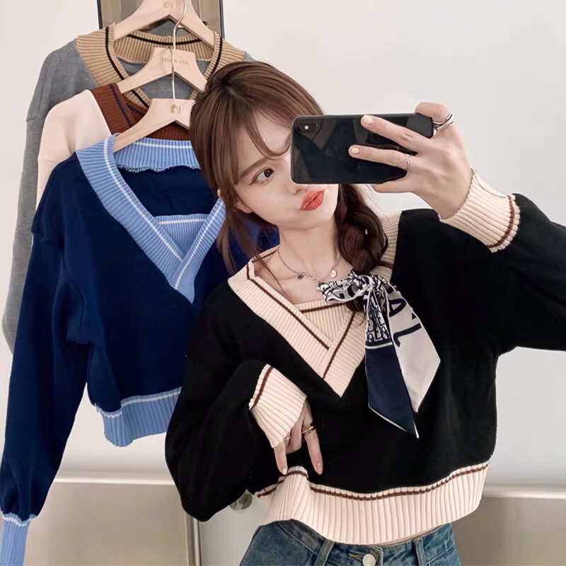 Áo len nữ dài tay áo croptop thu đông cho Nữ cổ chữ v thiết kế kiểu áo thuỷ thủ mang phong cách Nhật Bản