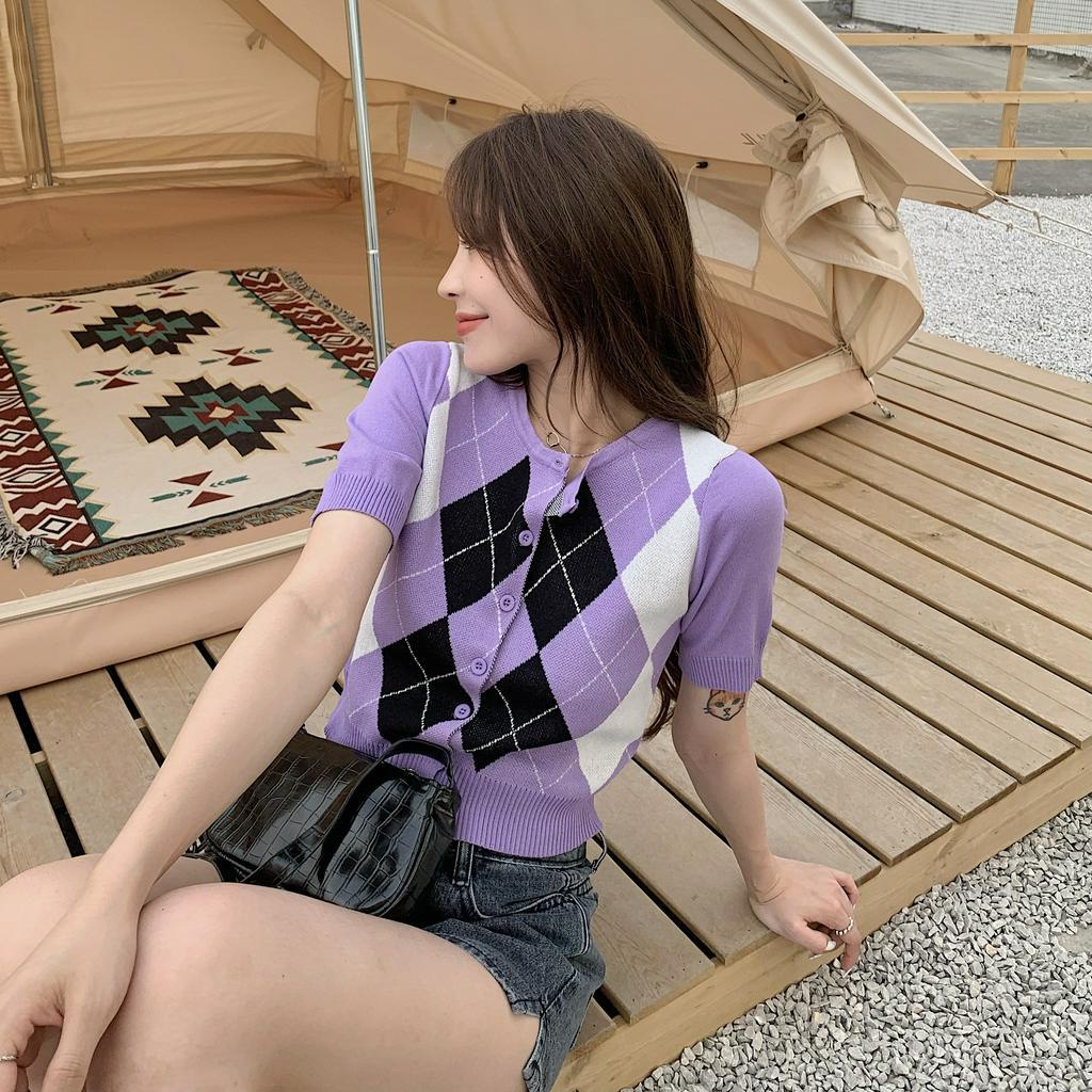 Áo lửng tay ngắn in họa tiết caro phong cách quyến rũ cho nữ