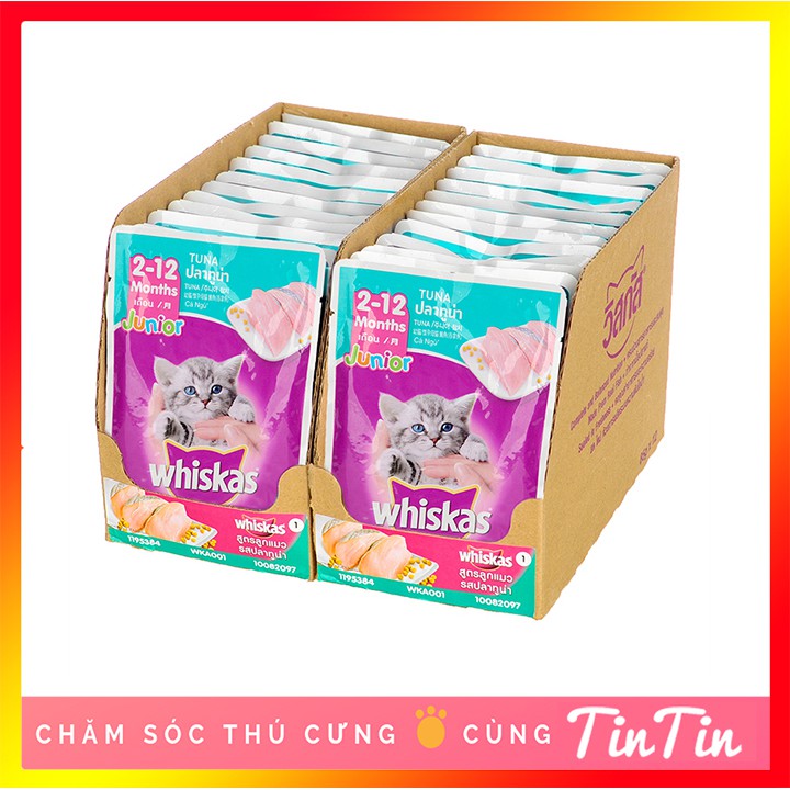 Hộp 24 Gói Pate Whiskas Junior Cho Mèo Con Vị Cá Ngừ Túi 85g