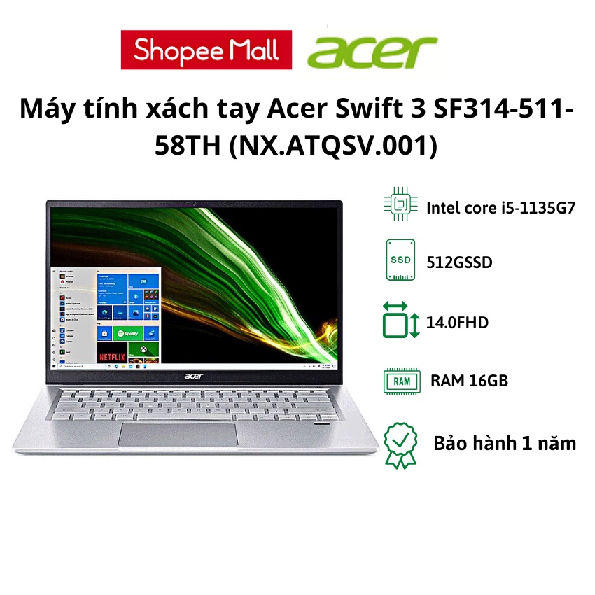 [TẶNG BALO]Laptop Acer Swift 3 SF314-511-58TH (NX.ATQSV.001)/ Gradient Blue/ Intel Core i5-1135G7/ RAM 16GB/ 512GB SSD