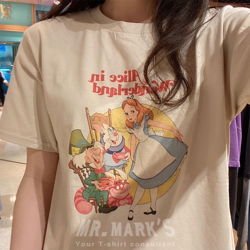 Áo thun XINLANYASHE tay ngắn dáng rộng in hoạt hình kiểu Hồng Kông retro dễ thương cho nữ