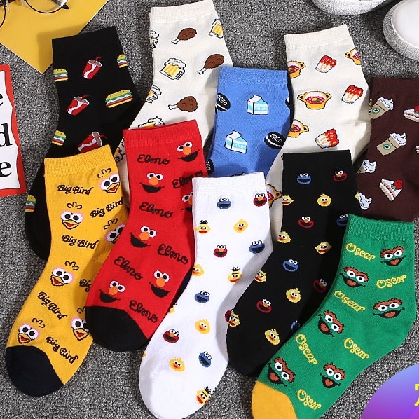 Vớ cotton cổ trung in hình hamburger / chim hoạt hình đáng yêu cho nữ
