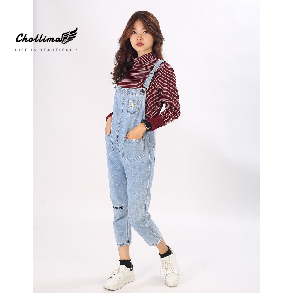 Yếm jeans dài Chollima thêu hoa cúc phong cách trẻ trung hàn quốc YJ004