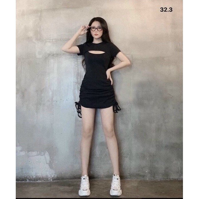Đầm rút dây 2 bên khoét ngực, đầm body ôm dáng vải porip hàng cao cấp D80 - colory shop
