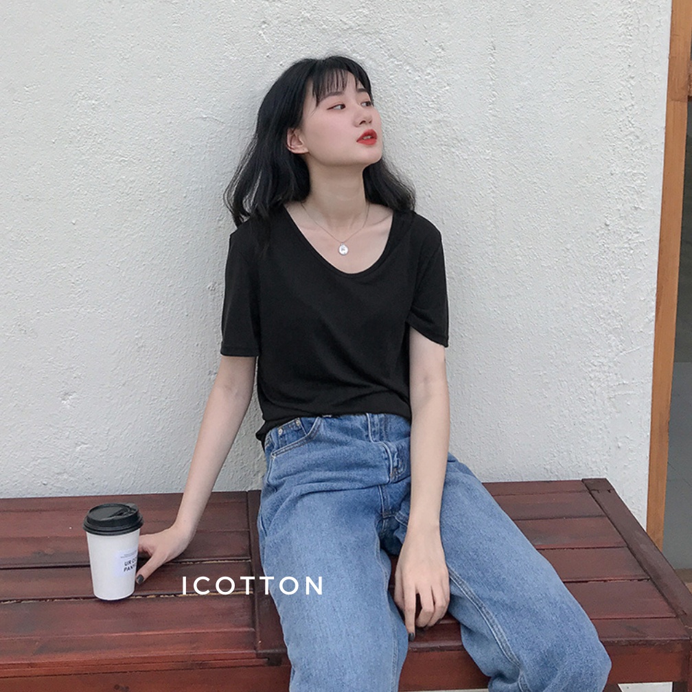 Áo thun nữ tay lỡ dáng rộng ❤️Icotton ❤️ Áo cổ tim nữ basic 100% cotton form rộng trùm mông đẹp, dày dặn