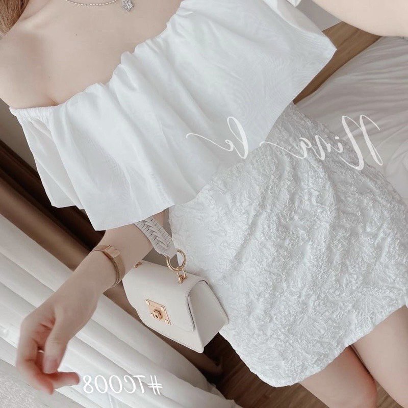 Đầm Trắng Nữ Trễ Vai Ngực Bèo Vải Xốp Dáng Ngắn Váy Nữ Hở Lưng Q0109