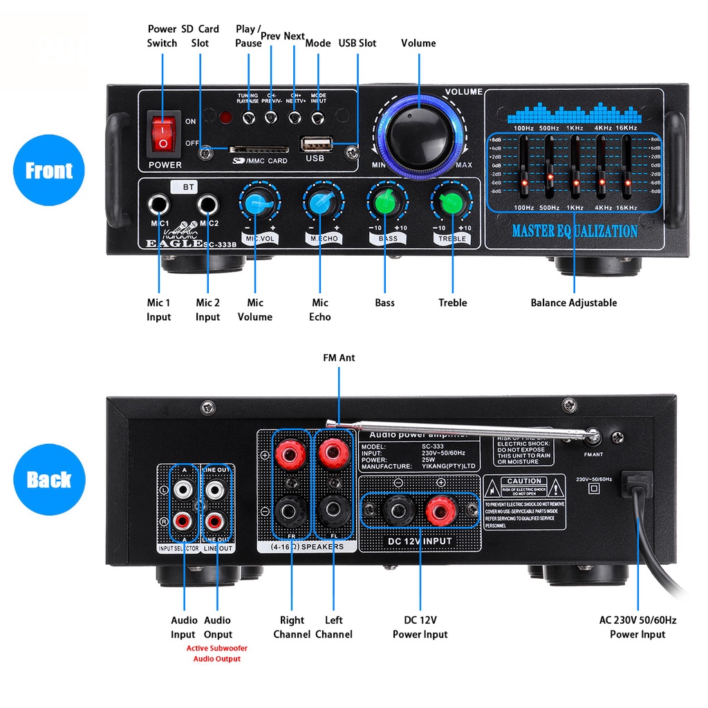 Bộ Khuếch Đại Âm Thanh Nổi 2000W 2 Mic bluetooth FM AUX USB SD AMP Cinema Karaoke Điều Khiển Từ Xa