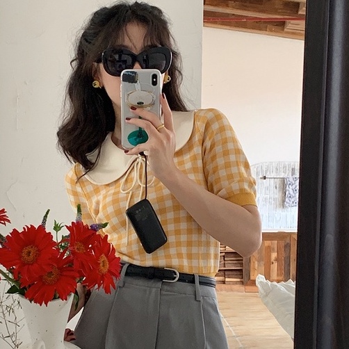 Áo kiểu ZHELIHANGFEI dệt kim cổ polo thắt nơ dáng ngắn họa tiết kẻ sọc ca rô thời trang