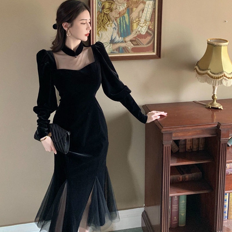 Đầm Đuôi Cá Vải Nhung Tay Dài Phối Lưới Màu Đen Kiểu Pháp Cổ Điển Thời Trang