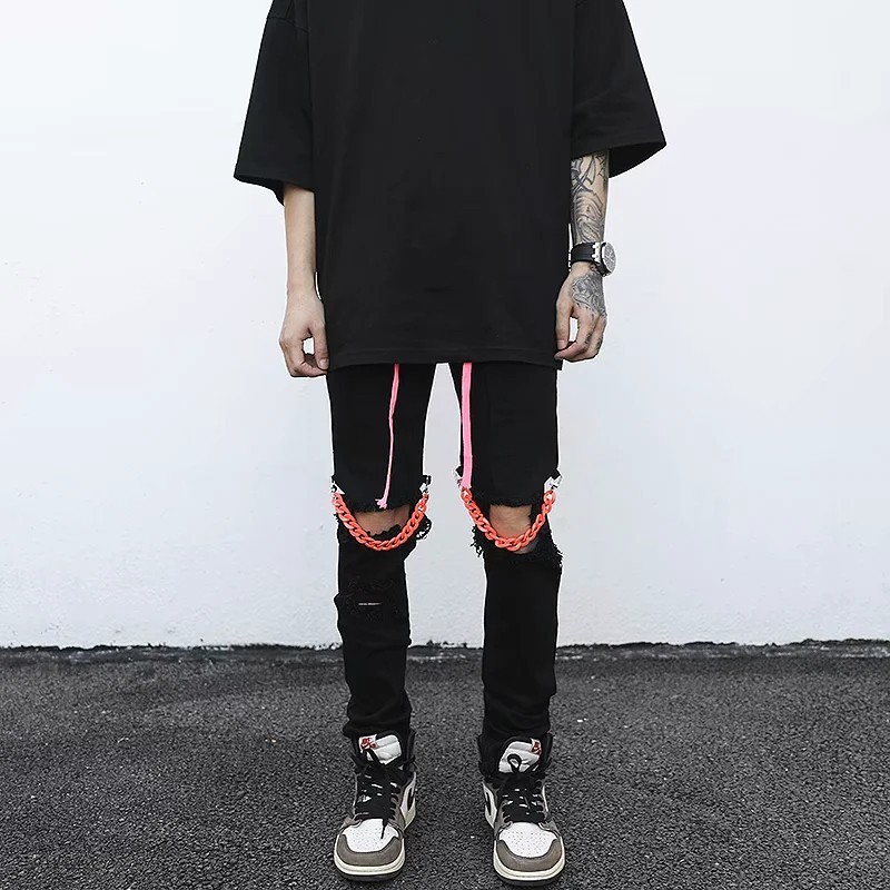Quần jean dài dáng rộng màu đen phối dây rút phong cách hip hop Âu Mỹ thời trang cho nam và nữ size lớn M-4XL | BigBuy360 - bigbuy360.vn